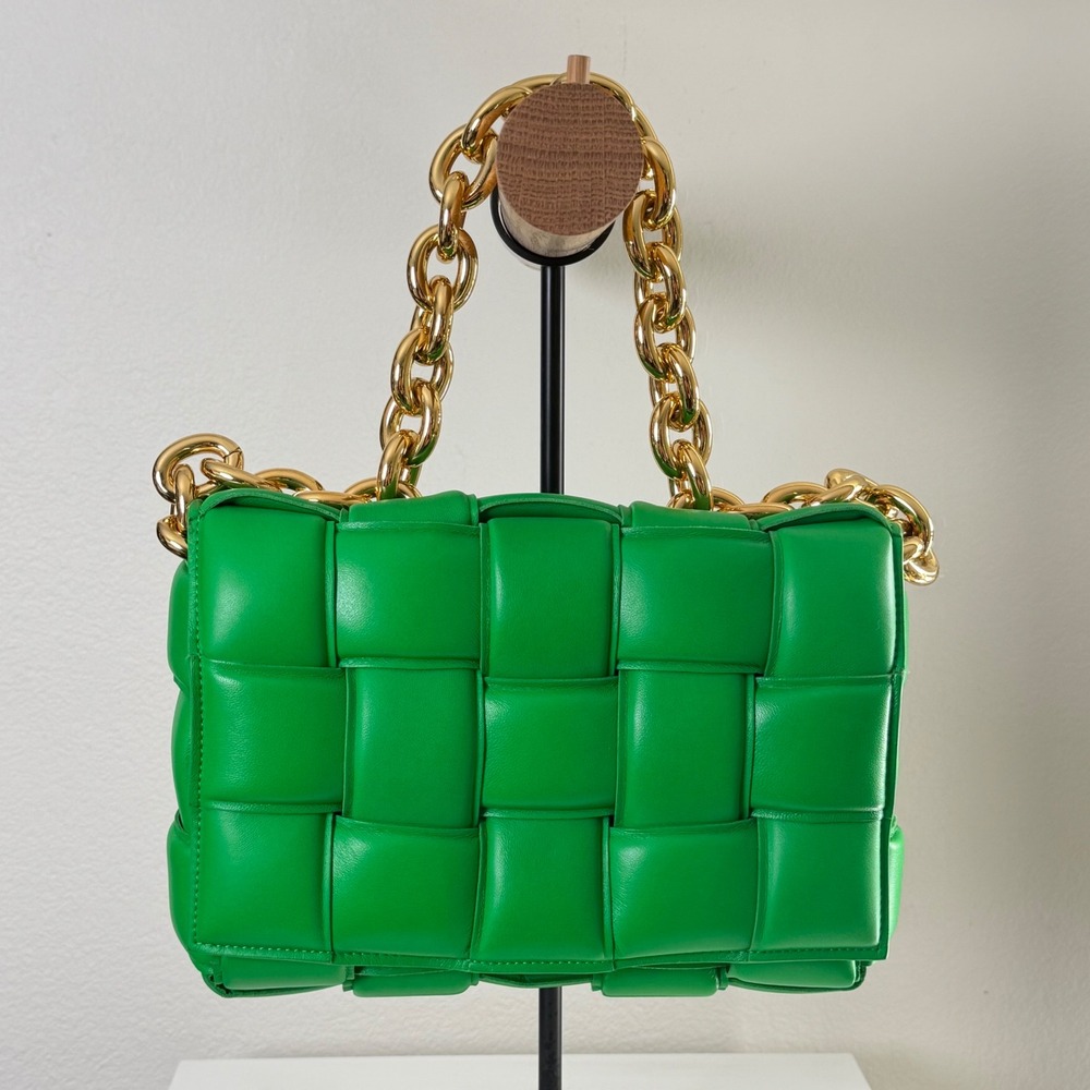 Bottega Veneta Padded Cassette Chain Bag Green Gold Intrecciato Brand New